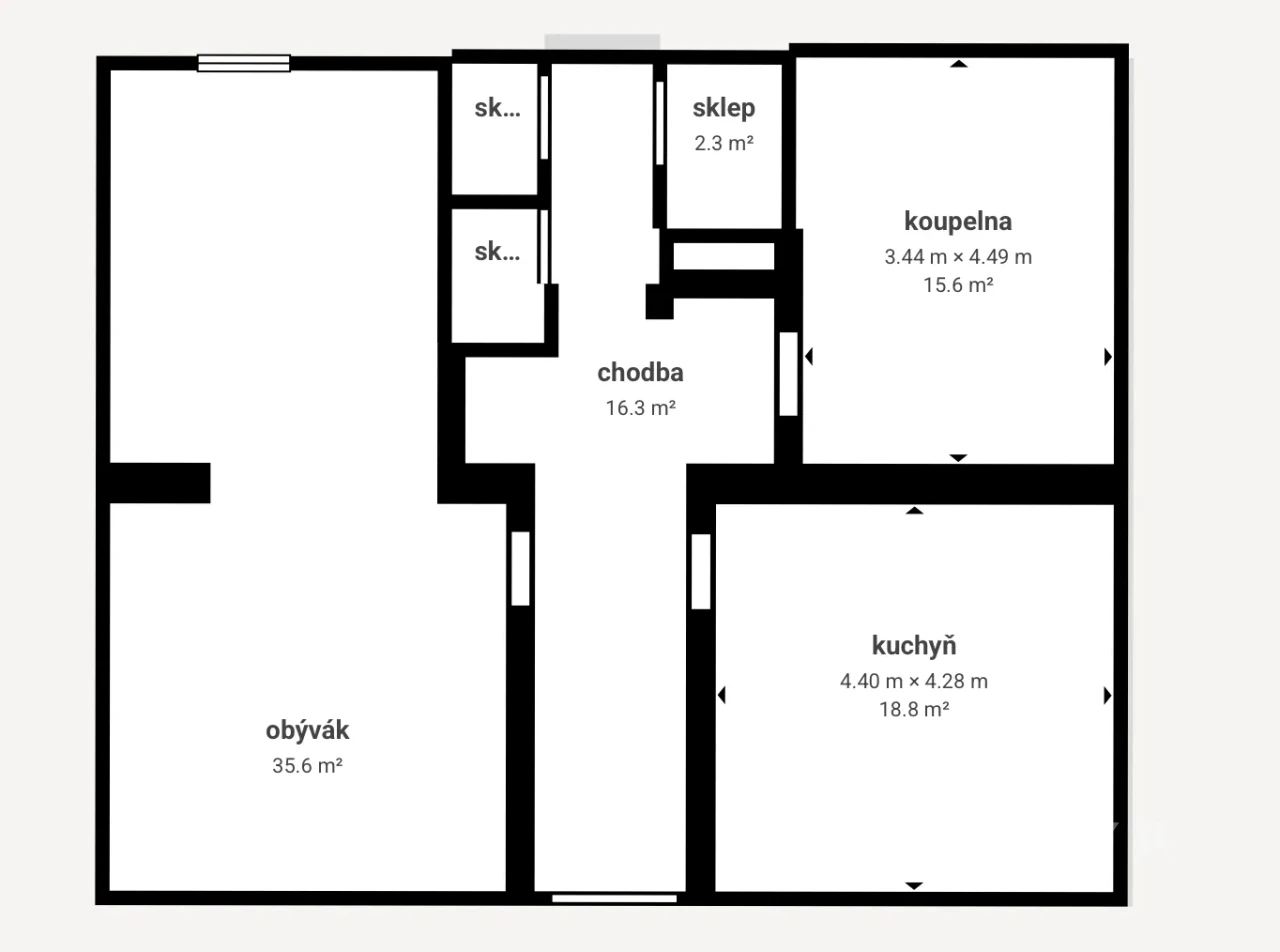 Půdorys přízemí s plochami místností (Matterport)