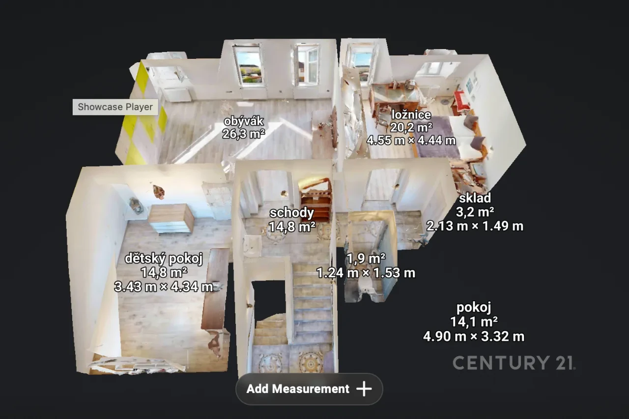 Podkroví ve 3D řezu s plochami místností (Matterport)